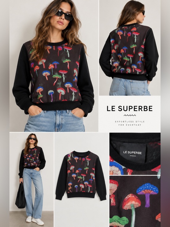 le superbe Sweaters - Le Superbe Mushroom Print Sweatshirt Black Multicolor Graphic Pullover Top